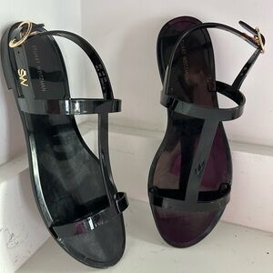Stuart Weitzman‎ Mellie T-Strap Slingback Sandal Black Rubber Sz 9